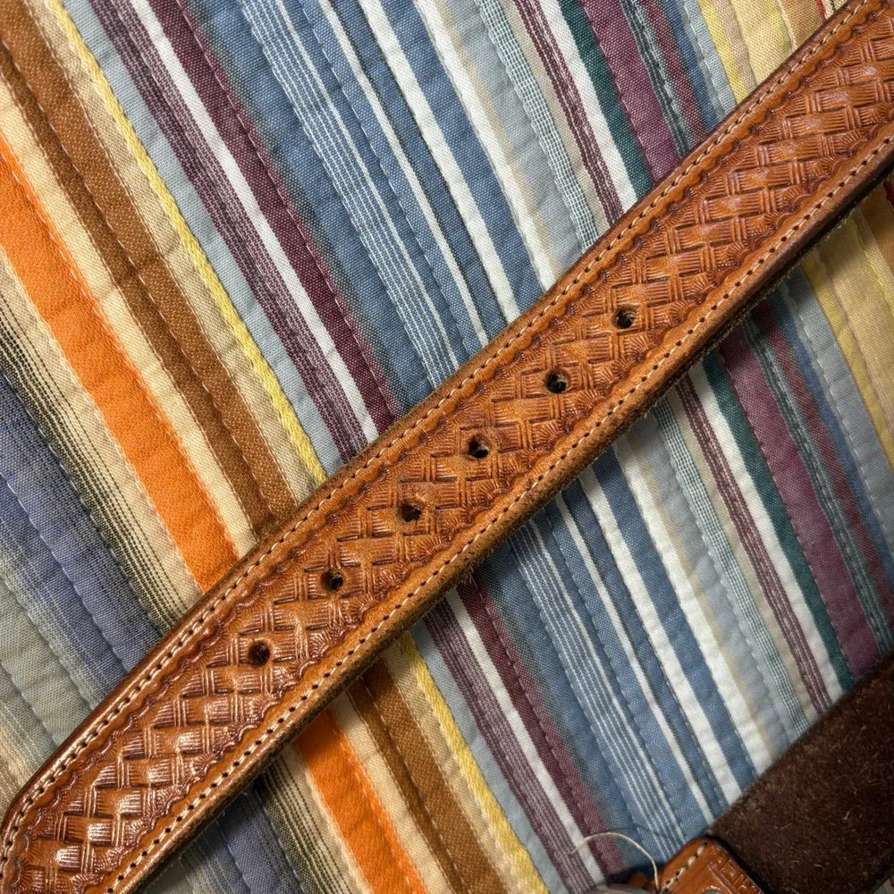 Vintage Basketweave Tooled Leather Belt Mens 38 Brown Western Boho Mexico Buckle